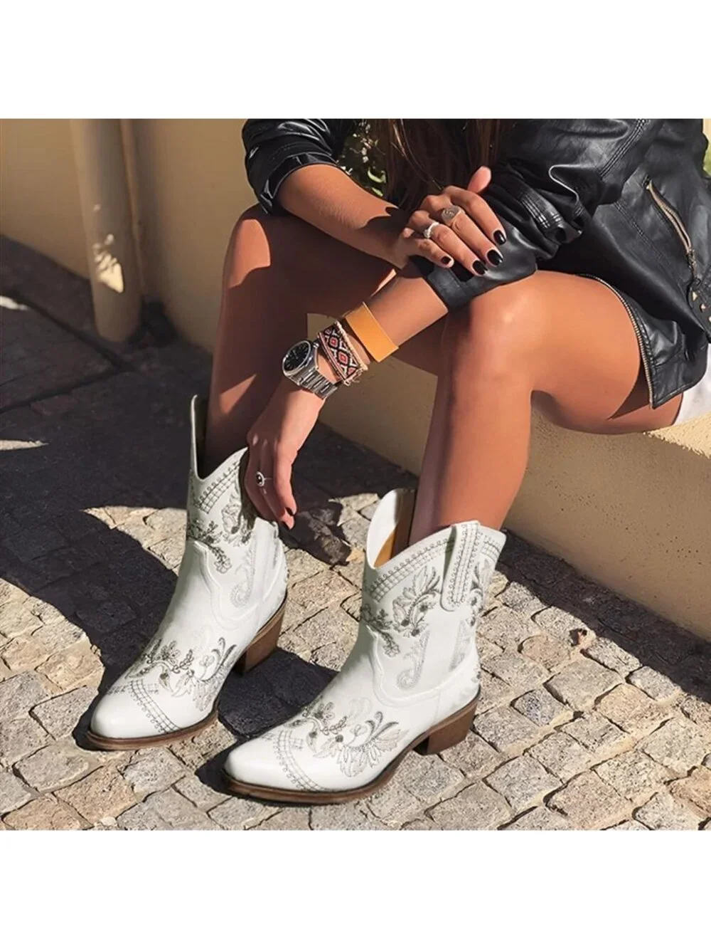 Women’s White Cowboy Boots Rhinestone Embroidered Ankle Booties Toe Chunky Heel